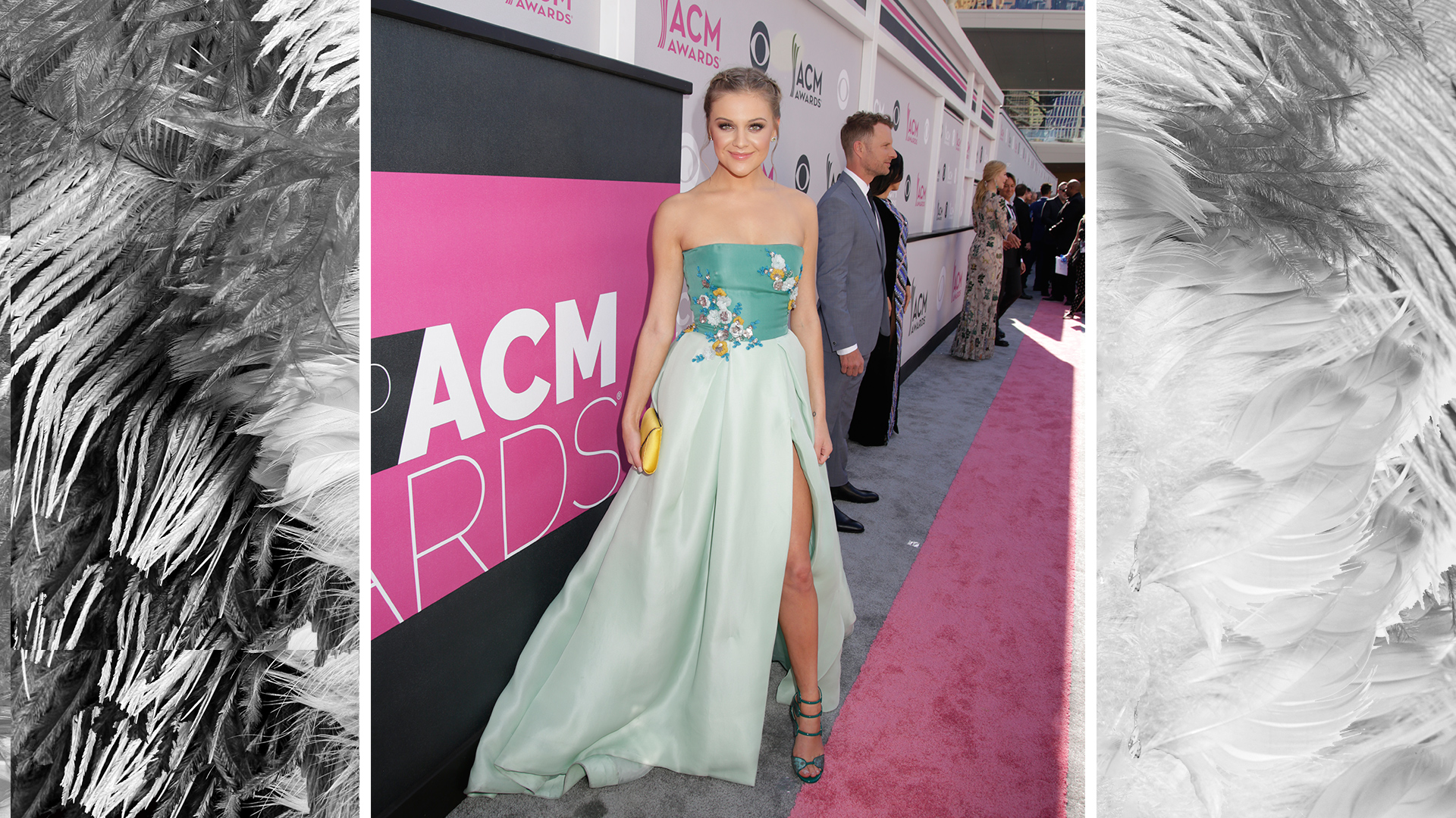 Kelsea Ballerini is dreamy in a pastel color-blocked dress with thigh-high slit.