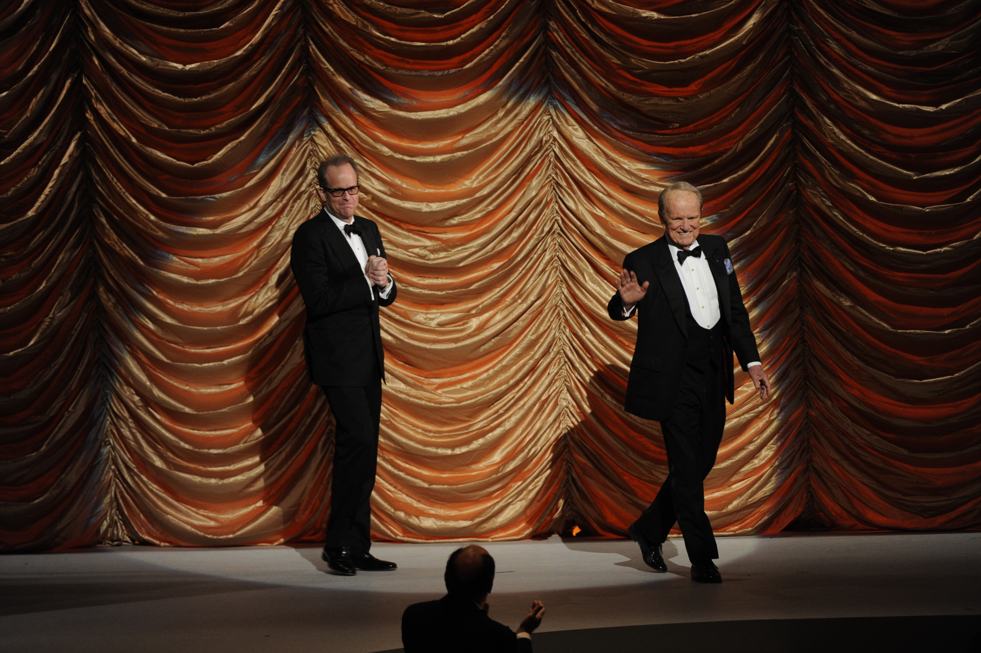 Michael Stevens and George Stevens, Jr. Wave to the Crowd