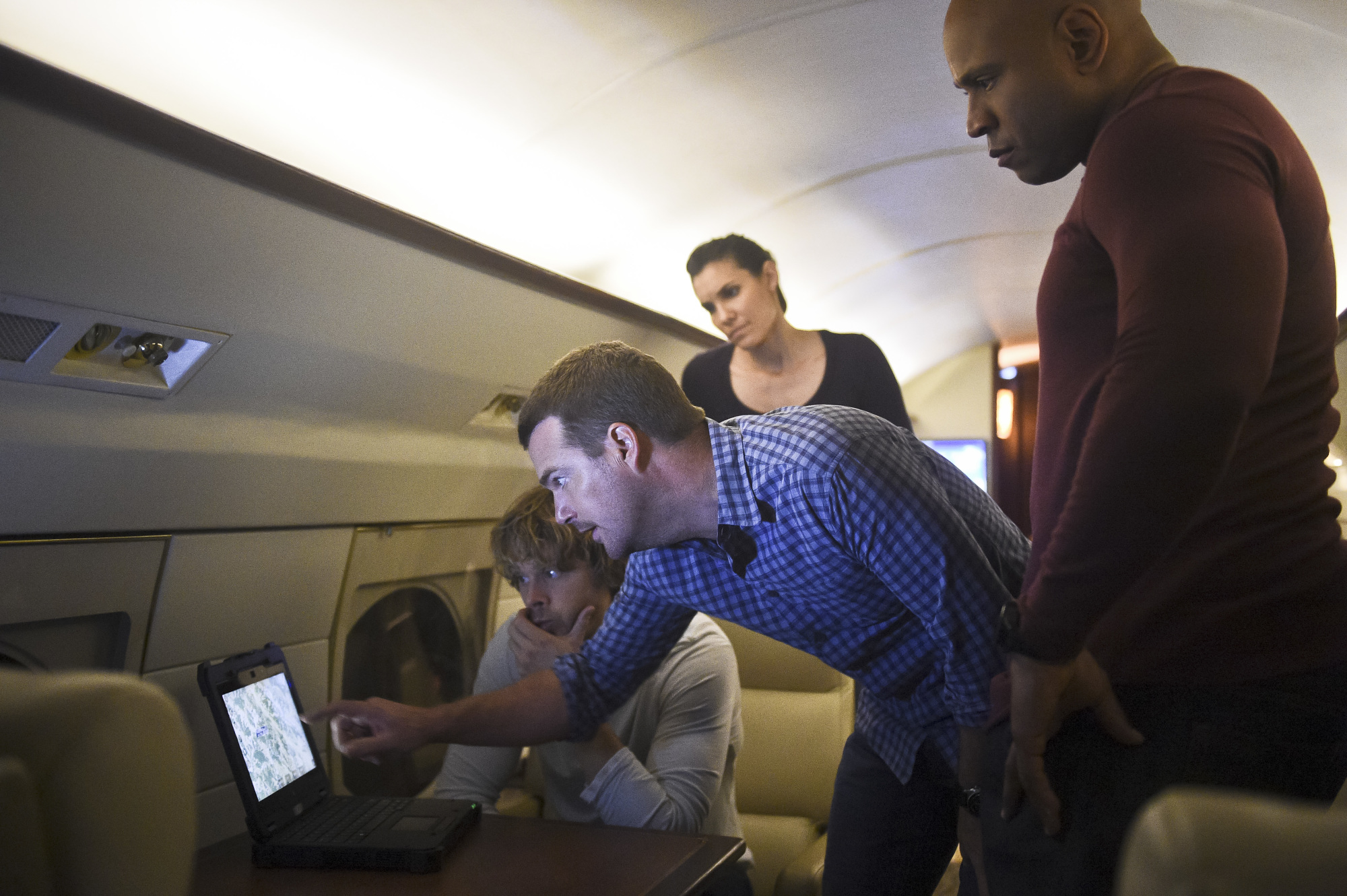 Eric Christian Olsen as LAPD Liaison Marty Deeks, Chris O'Donnell as Special Agent G. Callen, Daniela Ruah as Special Agent Kensi Blye, and LL COOL J as Special Agent Sam Hanna