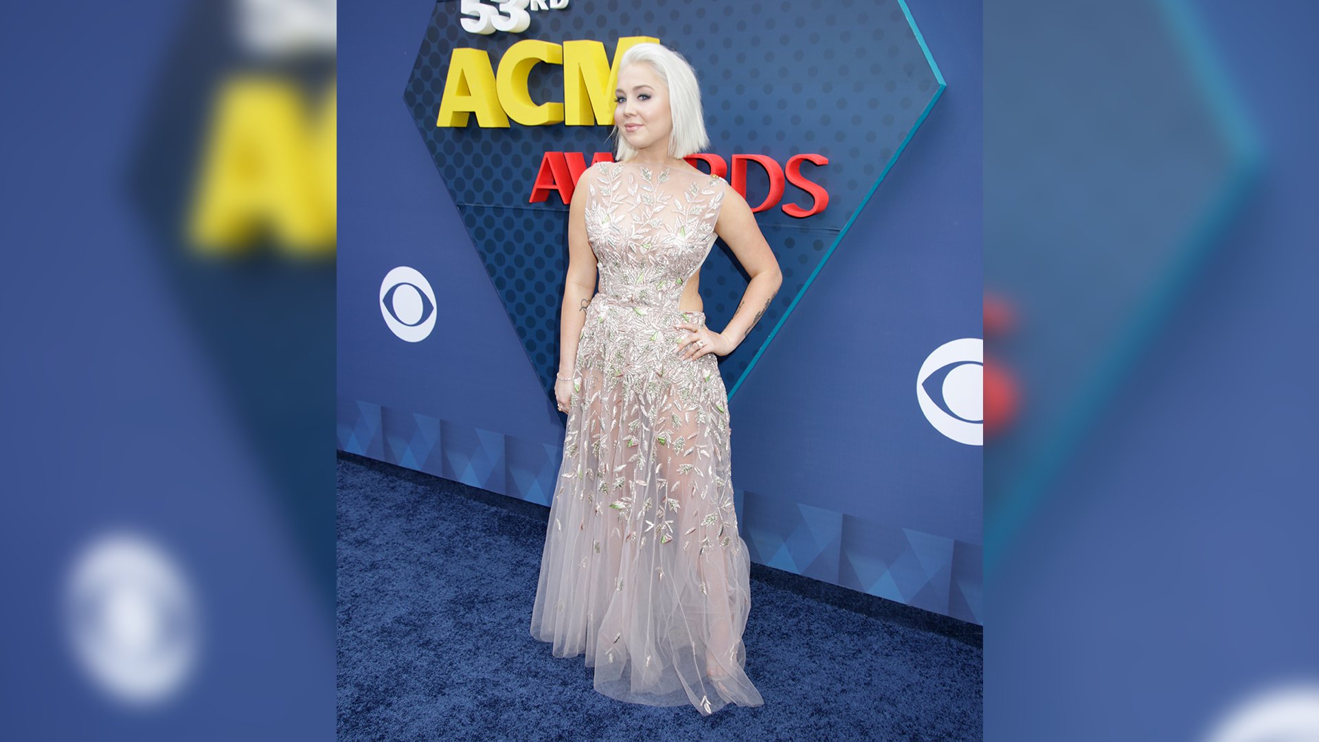 RaeLynn pairs her blunt blond bob with a floor-length, peek-a-boo evening gown.