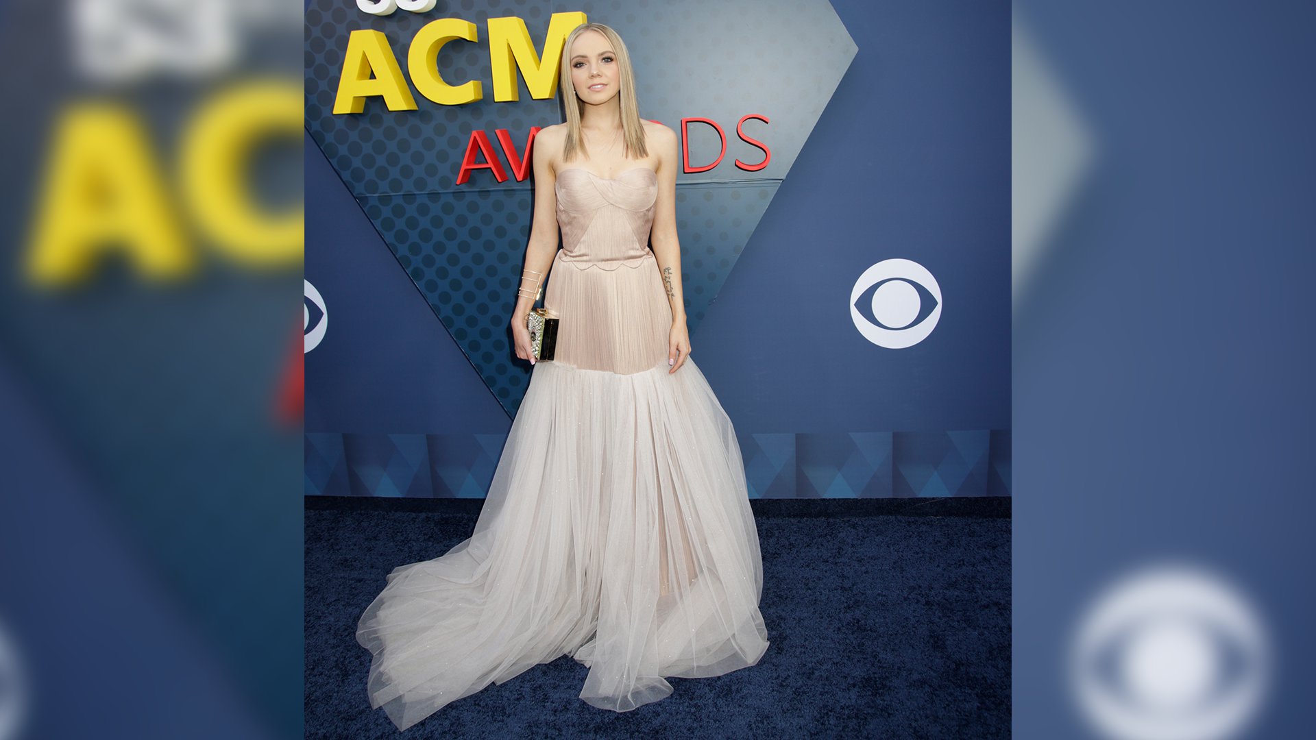 Danielle Bradbery glides down the ACM red carpet in a pale pink evening gown with toile overlay.