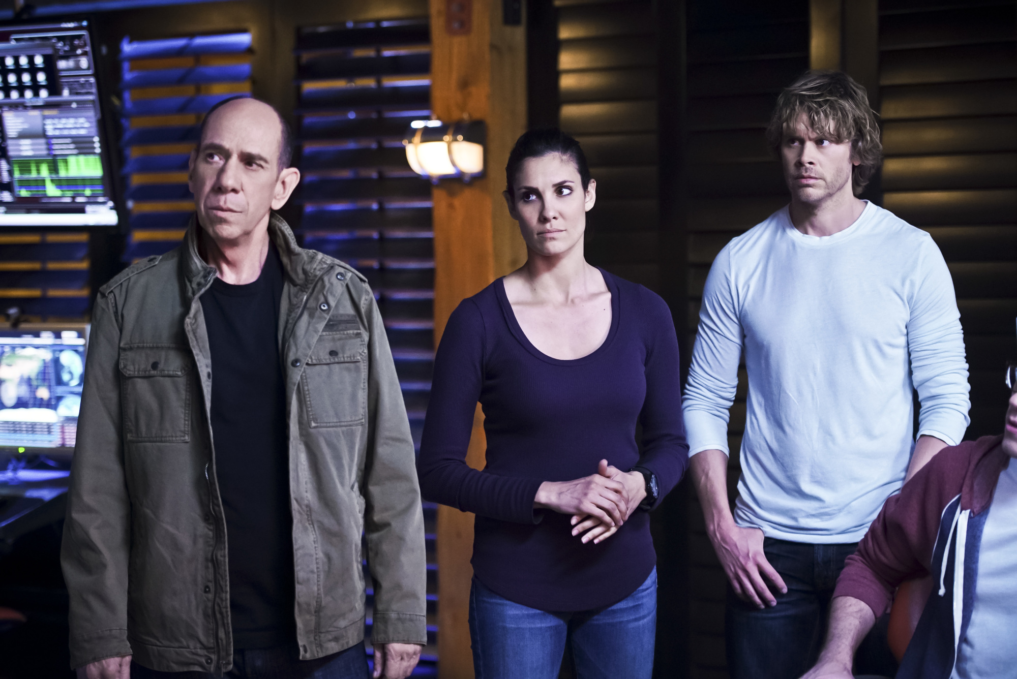 Miguel Ferrer as NCIS Assistant Director Owen Granger, Daniela Ruah as Special Agent Kensi Blye, and Eric Christian Olsen as LAPD Liaison Marty Deeks