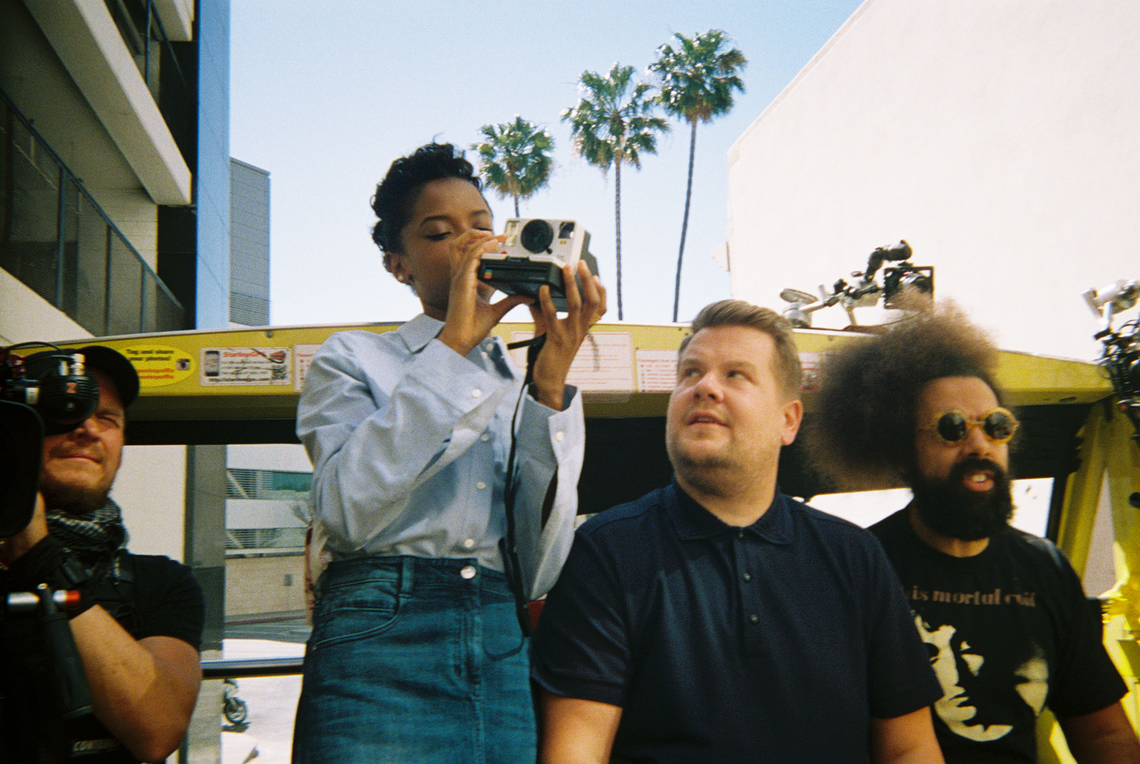 Letitia Wright, James Corden and Reggie Watts