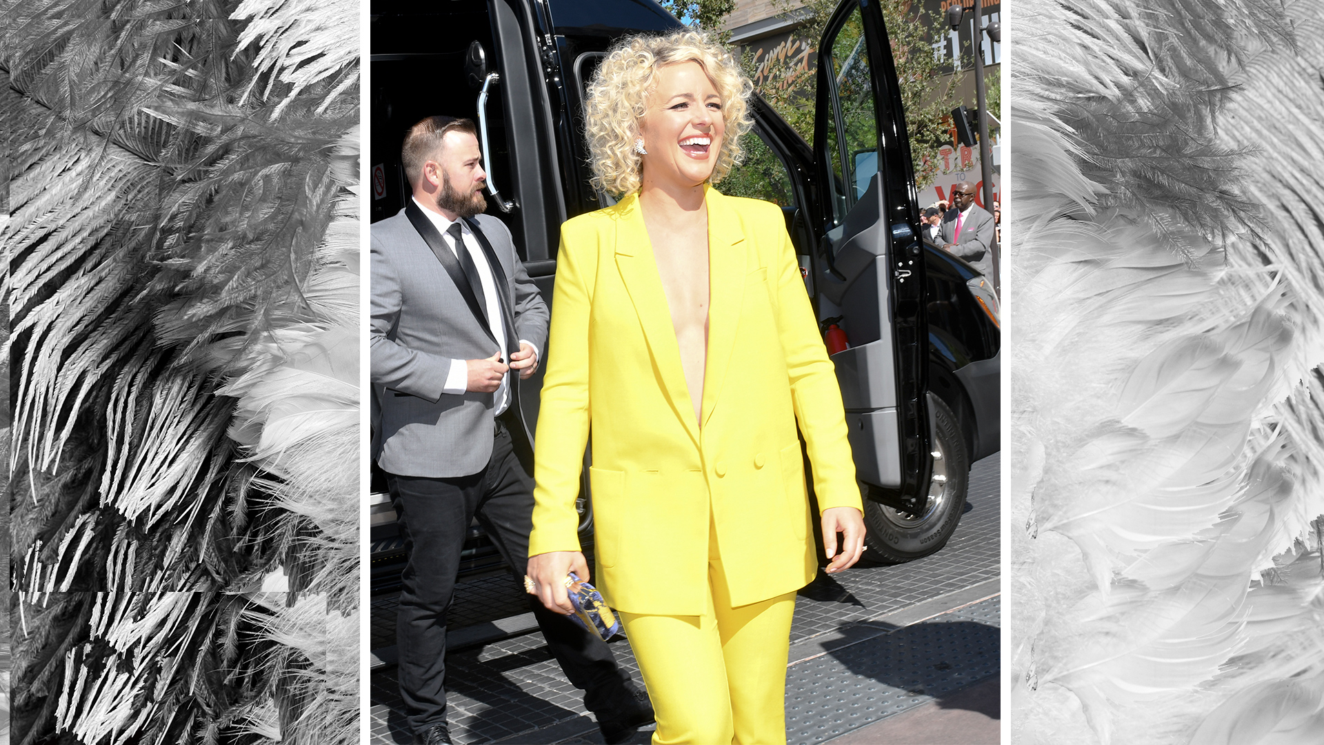 Cam is a ray of sunshine in a canary yellow two-piece suit.