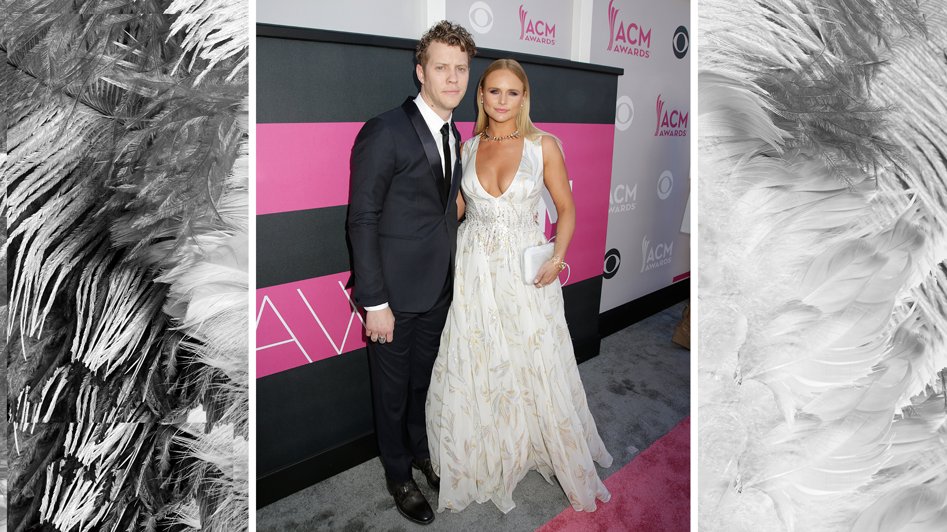 Miranda Lambert, flanked by her beau, Anderson East, glides down the red carpet in an angelic white dress with a sparkly choker.