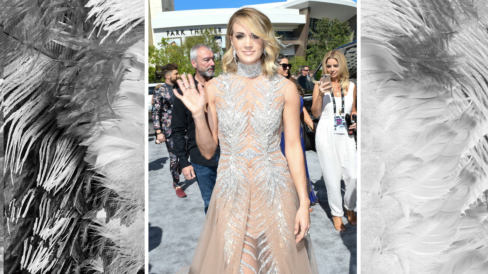 Carrie Underwood is a vision in a high-collared bedazzled gown.