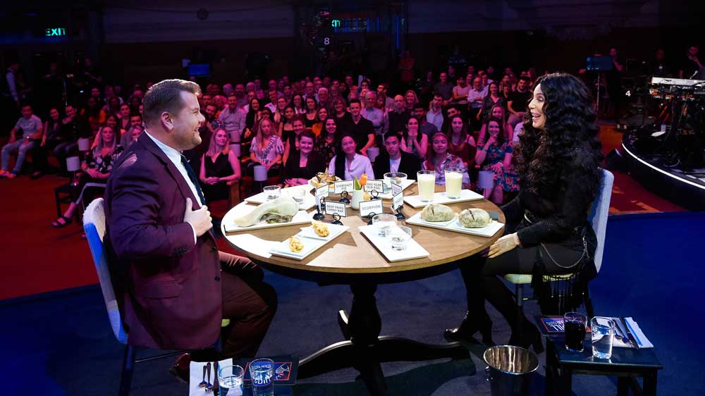 This is what it's like to be at a table with James Corden and Cher, in front of a theater of people.