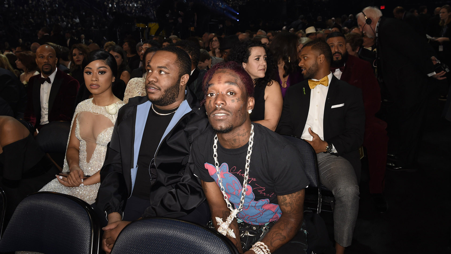 Best New Artist nominee Lil Uzi Vert mugs for the camera from his seat at Madison Square Garden.