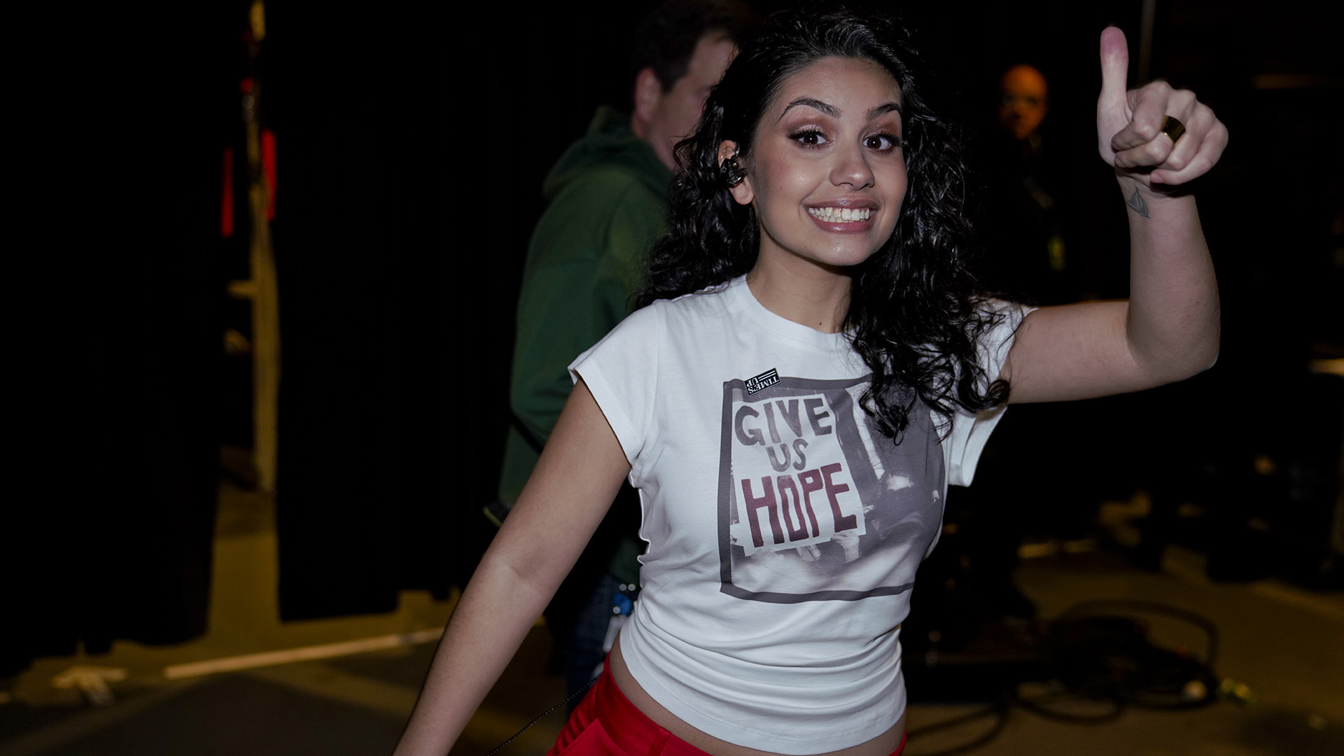 Best New Artist winner Alessia Cara gives a thumbs up backstage while rocking a Time's Up pin.
