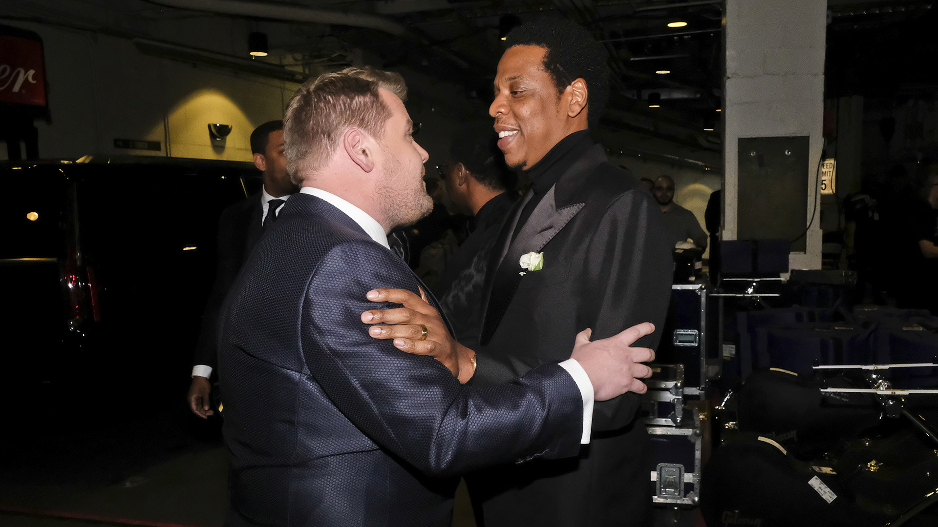 Host James Corden enjoys a moment backstage at Madison Square Garden with 2018 GRAMMY nominee and hip-hop legend JAY-Z. 