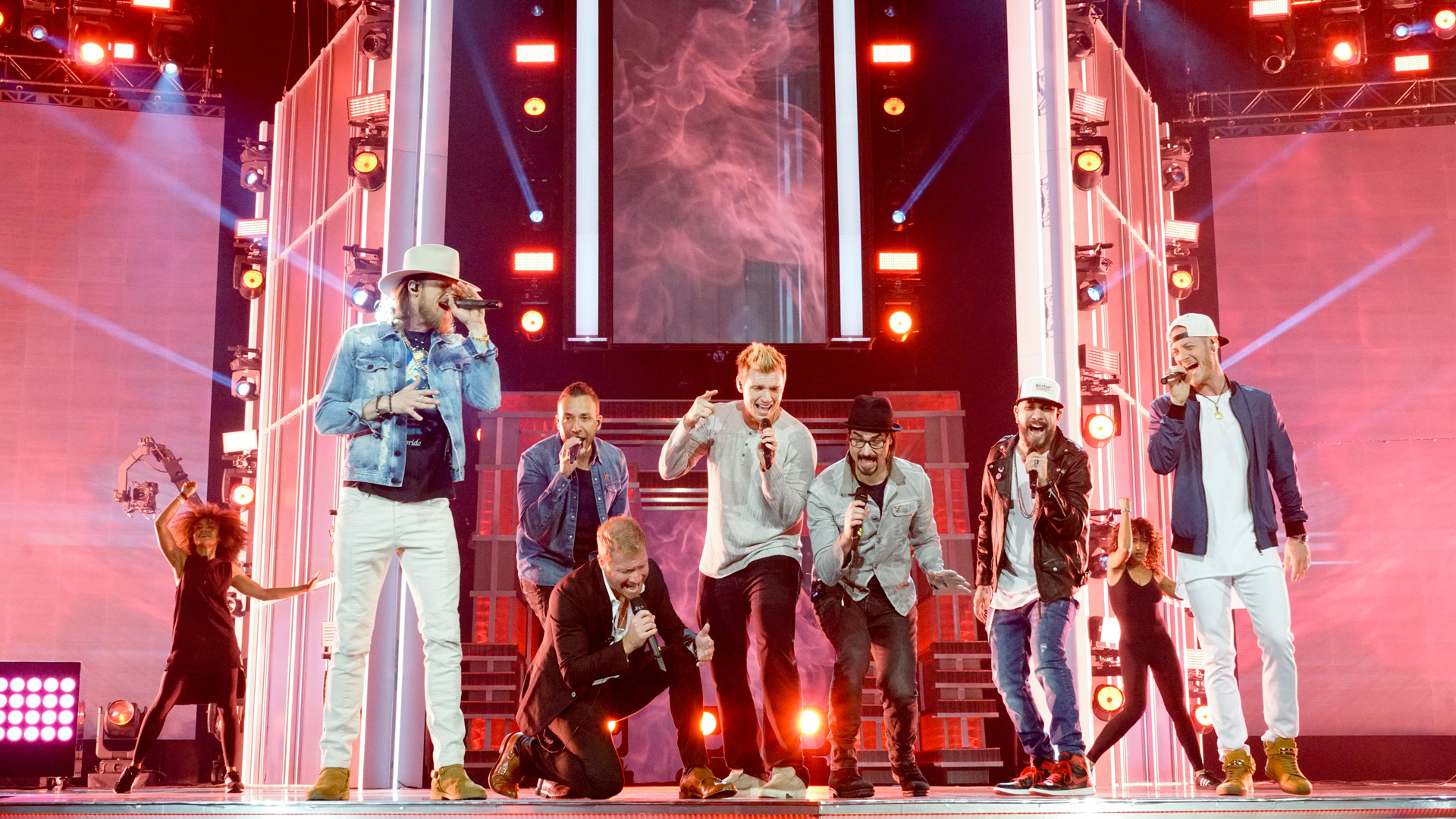 Florida Georgia Line and Backstreet Boys join in harmony on the 52nd ACM Awards stage.
