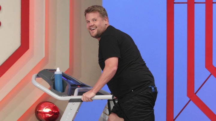 Corden sneaks in a quick workout. 
