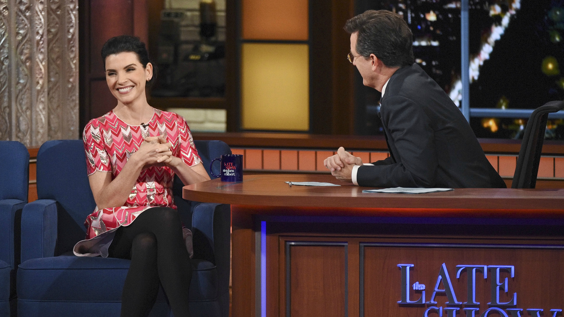 Julianna Margulies and Stephen Colbert