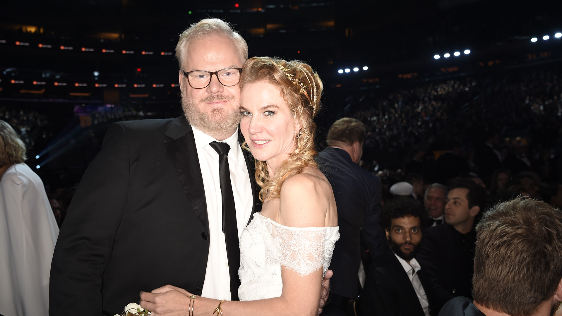 Comedian and 2018 GRAMMY nominee Jim Gaffigan sweetly embraces his wife, Jeannie.