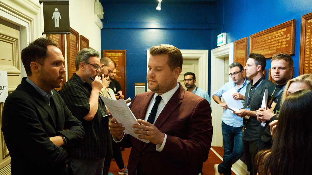 James Corden and his writers wait to use the toilet.