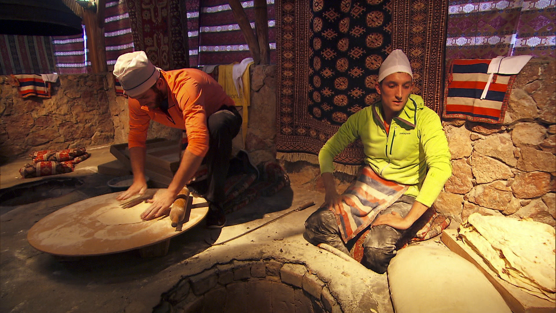 In Detour B, Brodie and Kurt bake 15 lavash breads in order to receive the next clue.