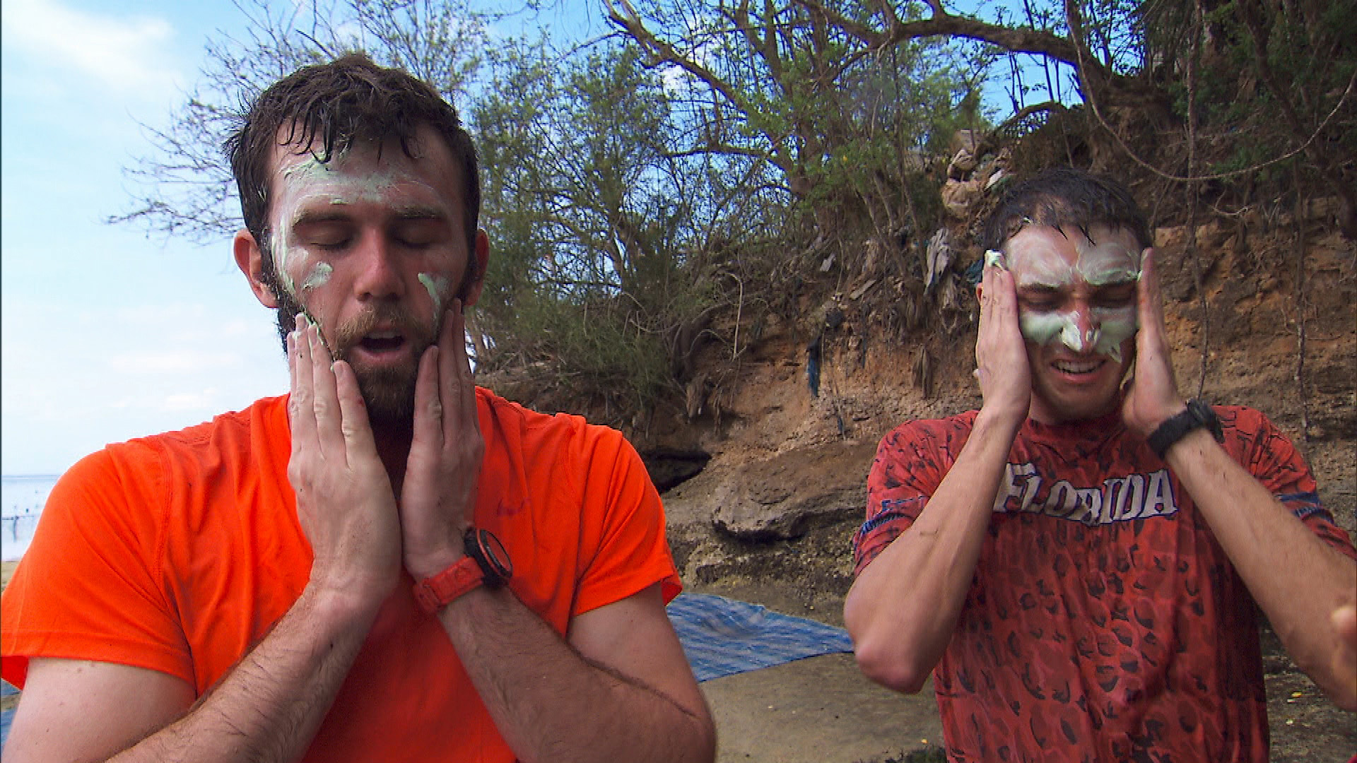 At Detour B, Brodie and Kurt sample the farmer's face cream in order to receive the next clue.