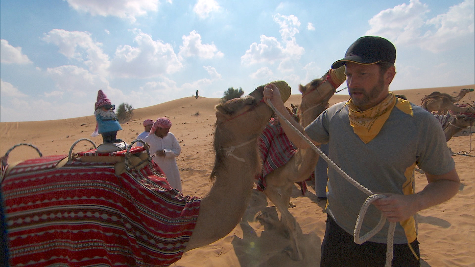 In Detour A, Burnie and Ashley must deliver four camels to a Bedouin camp.