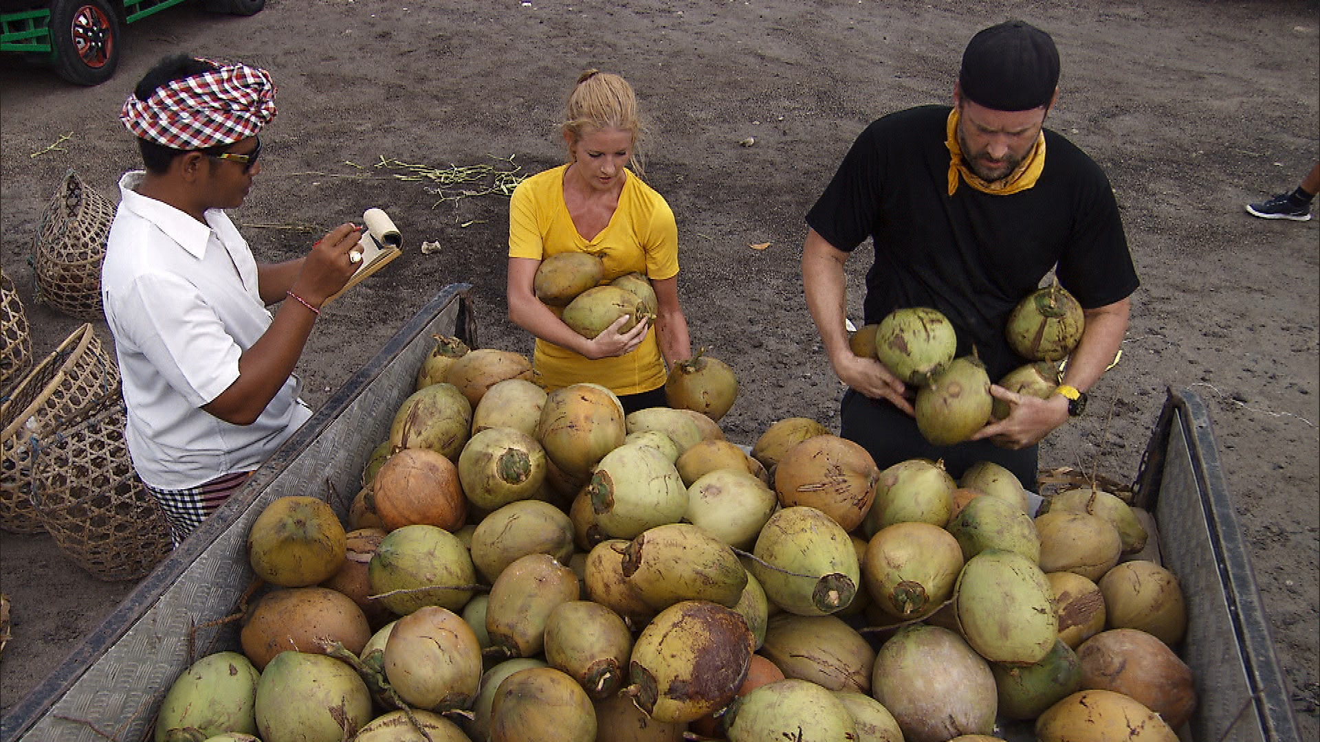 At Detour A, Ashley and Burnie are tasked with carrying 50 coconuts.