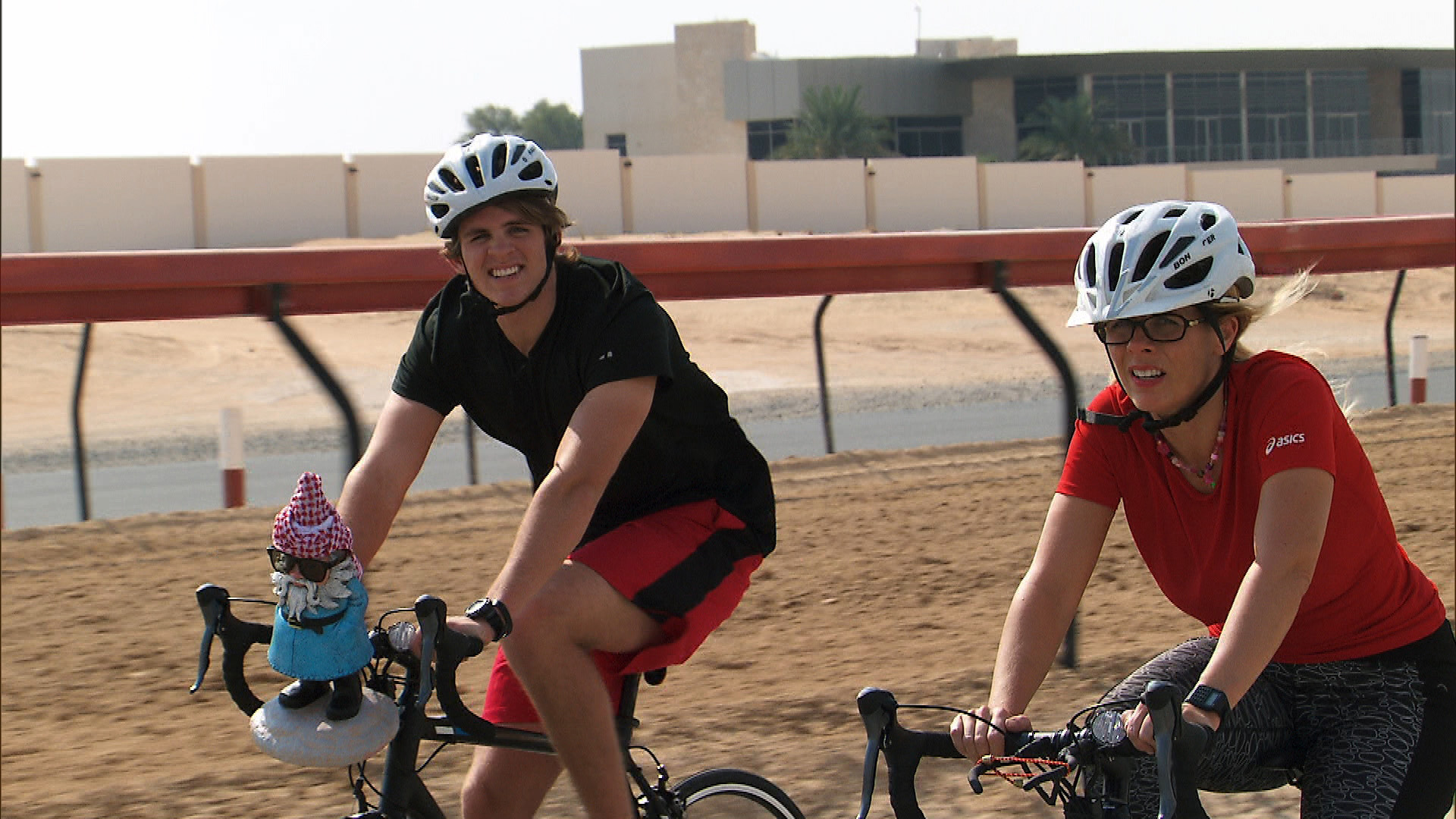Cole and Sheri pedal as fast as they can at the Al Marmot Camel Track.